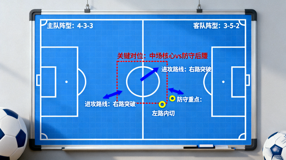 战术板上标注双方阵型与关键对位区域的赛前分析示意